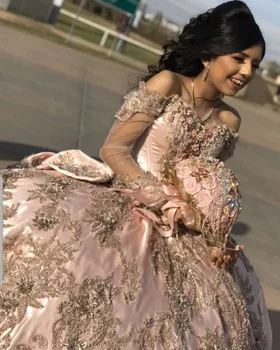 Princezná Šampanské Quinceanera Šaty Dlhé Rukávy Nášivka Lištovanie Sweet 16 Šaty Sprievod Plášte vestidos de 15 años 2020