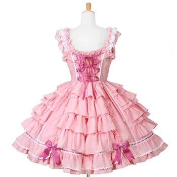 Princezná Žien Sladké Lolita Šaty Black Pink Stredná Dĺžka Sukne 2 Farby