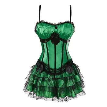 Pruhom zelenej korzet top s cup a mini sukňa s ramienkami bustier sexy čipka bielizeň Karneval šaty orgán obrážačka
