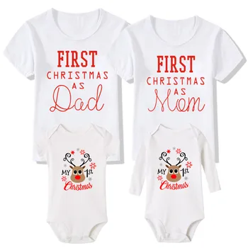 Prvé Vianoce ako Otec, Mama Tričko Baby Bavlna Romper Mamička Otecko a Baby Deti 1. Vianoce Rodine Zodpovedajúce Oblečenie Oblečenie