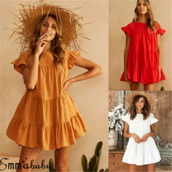 Príležitostné Letné Mini Šaty Pevné Žltá Biela Červená Prehrabať Krátky Rukáv Plážové Šaty Pre Ženy Voľné Skladaný Šaty Lady Sundress