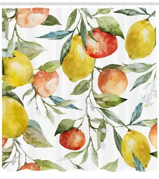 Príroda Sprchový Záves Citrón a Pomaranč Clementine Konáre Stromov Ovocie Mňam Zimnej Sezóny Vitamín Dizajn Tkaniny Tkaniny, Kúpeľňa