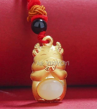 Prírodná Biela Hetian Jade + Solid Gold Intarzované A Čínskeho Fu Zverokruhu Ox Požehnanie Amulet Prívesok Lano Náhrdelník Kúzlo Darček Jemné Šperky