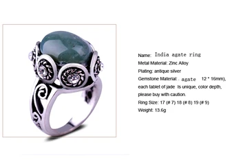 Prírodné Indickej Achát Strieborný Prsteň Pre Ženy Tichom Onyx Kameň Antik Oválne nastavenie Crystal Kvet Ročníka Mužov Darček Prst Krúžky