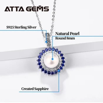 Prírodné Perly Mincový Striebro Prívesok pre Ženy, Jemné Šperky Sladkovodné Perly Kolo 8mm Vytvorené Blue Sapphire Klasický Štýl