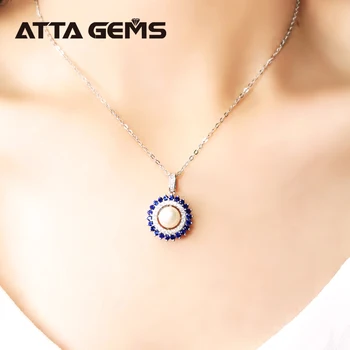 Prírodné Perly Mincový Striebro Prívesok pre Ženy, Jemné Šperky Sladkovodné Perly Kolo 8mm Vytvorené Blue Sapphire Klasický Štýl