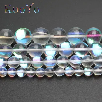 Prírodné Transparentné Flash Crystal MoonStone Hladký Lesk Kolo Voľné Korálky 6 8 10 12 MM Nosenie Diy Náramok Pre Šperky Robiť