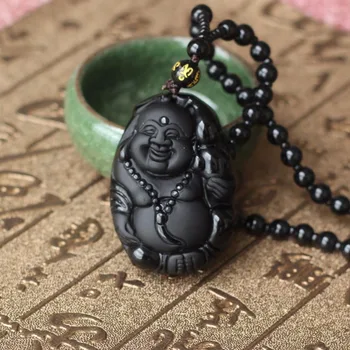 Prírodné Čierna Obsidián Vyrezávané Smeje Buddha Šťastie, Amulet Náhrdelník Prívesok Pre Ženy, Mužov, prívesky, Módne Šperky 48*32mm