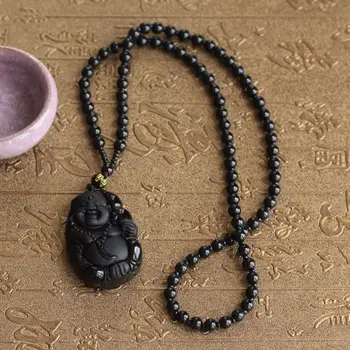 Prírodné Čierna Obsidián Vyrezávané Smeje Buddha Šťastie, Amulet Náhrdelník Prívesok Pre Ženy, Mužov, prívesky, Módne Šperky 48*32mm