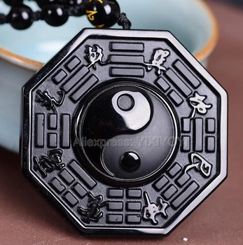 Prírodné Čierna Obsidián Vyrezávané Čínsky Stretávajú BaGua Šťastie, Amulet Prívesok + Zadarmo Náhrdelník Crystal Fashion Módne Šperky
