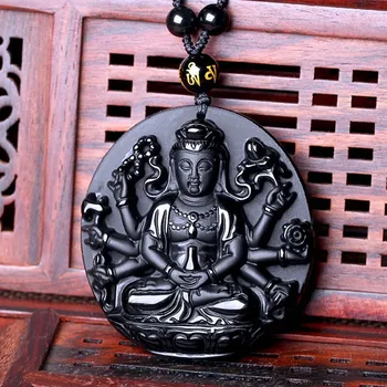 Prírodný Kameň Prívesky, Čierny Obsidián Vyrezávané Kolo Tisíc Rúk Guanyin Buddha Amulet Lucky Pre Milovníkov' Prívesok Náhrdelník Šperky