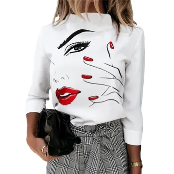 Prírubové Rias 3D Print T Shirt Ženy Long Sleeve Stand Golier Voľné Tričko 2021 Jar Jeseň Fashion Ženy Dámy Tee Tričko Topy