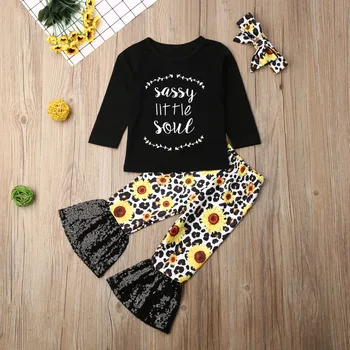 Pudcoco Novorodenca Dievča Oblečenie List Vytlačiť T-Shirt Topy Slnečnice Leopard Tlač Bell-Dna hlavový most 3ks Oblečenie Oblečenie