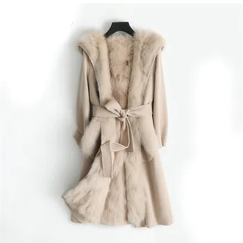 Pudi ženy, skutočné vlna kožušinový kabát, vetrovka prírodné fox kožušinu podšívka voľný čas Jeseň/Zima žena dlhá bunda s kapucňou výkopu outwear ZY178