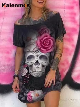 Punk Lebky Kvetinový Tlač Šaty pre Ženy Lete Príležitostné Voľné Mimo Ramenný Mini Party Šaty Šaty Vestidos De Mujer Plus Veľkosť