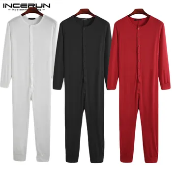 Pánske Jumpsuit Pyžamo oblečenie pre voľný čas Farbou Dlhý Rukáv Pohodlné Sleepwear Tlačidlo Voľný čas Mužov Remienky Odev S-5XL INCERUN
