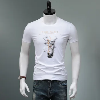 Pánske Krátke Rukáv T-Shirts Bavlny Tlače O-Krku Slim Strečové Tričko Letné Módne Čierne Oblečenie