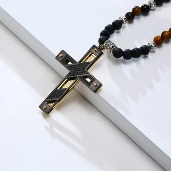 Pánske Nehrdzavejúcej Ocele Biblie Náš Otec Kríž Prívesok s Lávovými Korálky Tigrie Oko Kameň Rosaries Náhrdelník Náboženstvo Šperky