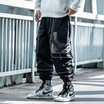 Pánske oblečenie Harajuku Jeseň zima velvet hrubé funkčné nohavice voľné módne farebné reflexné veľké vrecko nohavice