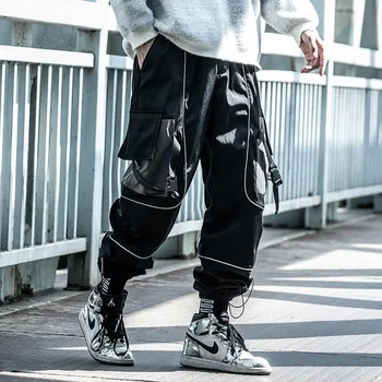 Pánske oblečenie Harajuku Jeseň zima velvet hrubé funkčné nohavice voľné módne farebné reflexné veľké vrecko nohavice