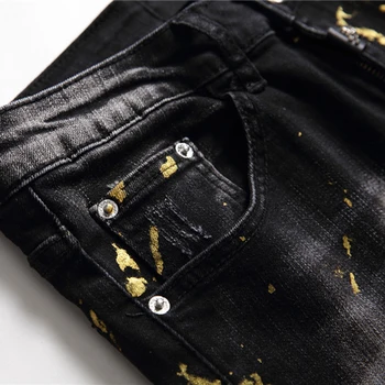 Pánske Zlaté Maľované Roztrhlo Denim Džínsy Streetwear Otvory Zničené Úsek Skinny Nohavice Čierne Nohavice