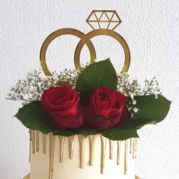 Pár Krúžok Svadobnú Tortu Vňaťou, Rustikálny Zlaté Zrkadlo Krúžky Tortu Vňate Na výročie Svadby, Party Dekorácie Prospech Prekvapenie