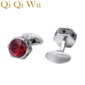 Qi Qi Wu Retro Red Crystal, manžetové gombíky, pre mužov, Svadobné Darčeky, Šperky, Luxusné Hexagon Pánske Tričko manžetové Gombíky Mužov Silver Putá