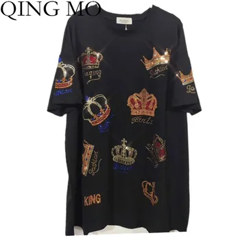 QING MO Plus Veľkosť Ženy Slim T Shirt 2021 Ženy Koruny Vytlačené T Shirt Žena Letné Krátke Sleeve T Shirt ZQY3422