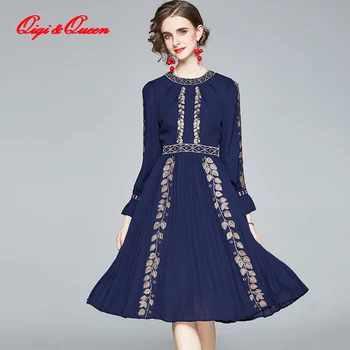 Qiqi&queen Jeseň francúzsky štýl Retro Skladaný Šaty Rozstrapatené Dlhé rukávy Výšivky A-line Šaty Elegantné Práca Business Vestidos