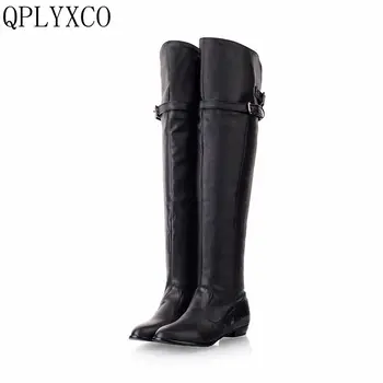 QPLYXCO 2017 Veľká veľkosť 34-45 ženy ploché topánky cez koleno teplé zimné jazdecké dlhé kolo prst módna obuv botas topánky 181