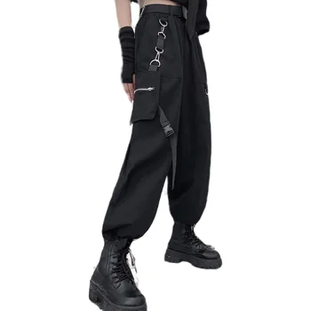 QWEEK Punk Black Cargo Nohavice Ženy Hip Hop Voľné Vysoký Pás Nohavice Streetwear Nadrozmerné Širokú Nohu, Nohavice kórejský Štýl Nohavice 4xl