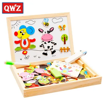 QWZ Drevené Puzzle Pre Deti Cartoon Zvieratá Multifunkčné Magnetické Puzzle rysovaciu Dosku Vzdelávacie Hračky Pre Dieťa Dary