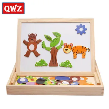 QWZ Drevené Puzzle Pre Deti Cartoon Zvieratá Multifunkčné Magnetické Puzzle rysovaciu Dosku Vzdelávacie Hračky Pre Dieťa Dary