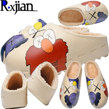 R. XJIAN klasická móda jeseň a v zime teplý plyšové podšívka cartoon pár vnútorné a vonkajšie ultralight papuče 35-46 veľkosť