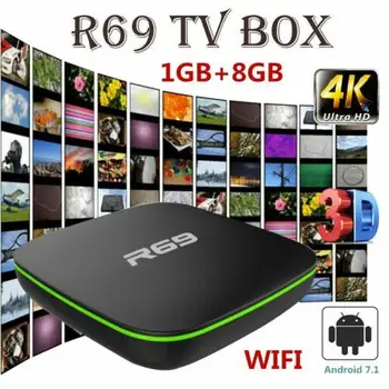R69 Android 7.1 Smart TV Box 1+8G Quad Core HD, 2.4 GHz WiFi 4K Media Player 1080P HD Podpora 3D Film