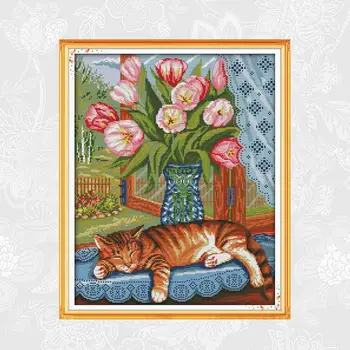 Radosť nedeľu Mačka na parapete Obrazy Cross-stitch Vytlačené Plátno HOBBY Ručné Výšivky, Súpravy na Vyšívanie, Remeslá