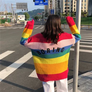 Rainbow Cardigan Sveter Ženy List, Výšivky Zimné Jumper Voľné Kórejský Sveter Nadrozmerné Cardigan Cashmere Tvaru Harajuku