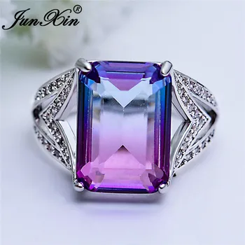 Rainbow Crystal Snubné Prstene Pre Ženy Veľké Geometrické Obdĺžnik, Kruh Fialová Modrá Stone Sľub Zásnubný Prsteň Mystic Šperky CZ