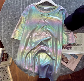 Rainbow t-košele dámske voľné krátky dlhý rukáv t shirt femme laser lesklé dlhé topy žena krátky rukáv laser tričká