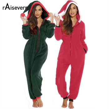 Raisevern Nový Rok Ženy Teplé Kombinézach Pyžamo Vianočné Fleece Velvet Červená Zelená Sleepwear Kabát Jednotné Drop Shipping