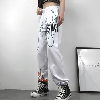 Rapwriter Bežné Oheň Tlač Elastické Vysoký Pás Nohavice Ženy 2020 Lete Streetwear Harajuku Tepláky Joggers Rovné Nohavice
