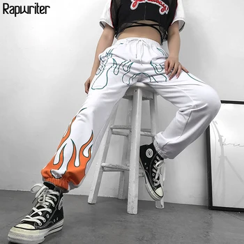 Rapwriter Bežné Oheň Tlač Elastické Vysoký Pás Nohavice Ženy 2020 Lete Streetwear Harajuku Tepláky Joggers Rovné Nohavice
