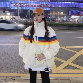 Real shot rainbow jahňacie kožušiny kabát ženy jeseň zima kórejská verzia iny sto krátky top 2020 nové rainbow bunda ženy
