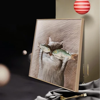RELIABLI UMENIE Roztomilé Mačka A Ryby Plagáty Plátno, Vytlačí Zvierat Obrázky Nástenné Maľby Pre Obývacia Izba Dekorácie Medern Domova
