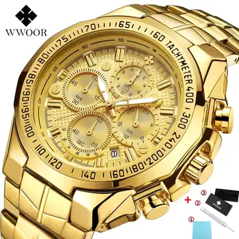 Relojes hombre 2020 WWOOR Luxusné Značky Pánske Hodinky Zlaté Veľké Dial Chronograf Hodinky Mužov Šport Quartz Nepremokavé Náramkové Hodinky Muž