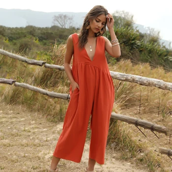 Remienky Širokú Nohu Kombinézach Ženy Lete Sexy Bežné Ruched Loose Fit Jeden Kus Dámske Oblečenie Vyhovovali 2020 Módne Oblečenie Oranžová
