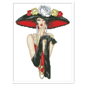 Retro lady cross stitch package žena kráska s klobúk 18ct 14ct 11ct tkaniny bavlnené nite na výšivky HOBBY ručné vyšívanie