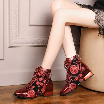 Retro móda a krajky-up žien hovädzie kože polovice podpätky členková obuv etnický štýl kvetinový vzor, fialová, červená, členkové topánky žena topánky
