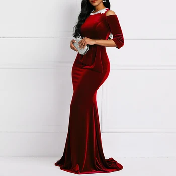 Retro Red Velvet Morská Víla Dlhé Šaty Ženy Plus Veľkosť Večera Večerný Elegantné Dámy Bodycon Peplum Prehrabať Vintage Maxi Party Šaty
