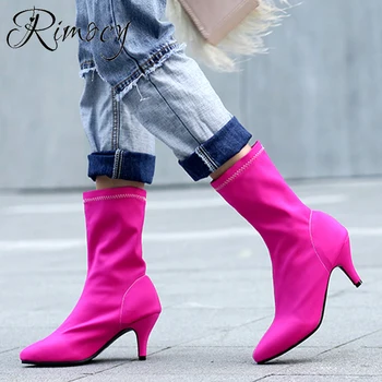 Rimocy ženy hot pink botas mujer 2019 jeseň pošmyknúť na strečové tkaniny botines módne stiletto topánky sexy špicatou špičkou topánky žena